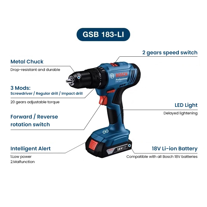 Power Tools Cordless - Wiertarko-wkrętarka akumulatorowa Bosch GSB183-LI, bezszczotkowa, udarowa,